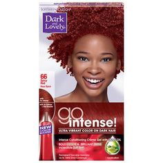 New Go Intense! Ultra Vibrant Color on Dark Hair Discover Our 1st Intensifying Permanent Hair Color Tailor Made for You! This Kit Contains: Tube of Permanent Anti-Drying Creme Gel Hair Color Applicator Bottle Containing Creme Developer Tube of Extra Caring Conditioner Instruction Sheet with Plastic Gloves Intense Color Meets Intense Care! Anti-Drying Creme Gel Color formulated with Olive Oil. Intense Color Results Perfectly Balanced Color Dyes Deliver Intense, Visible High Reflect Color on Dark Dark And Lovely Hair Dye, Best Red Hair Dye, Dark Red Hair Dye, Dark Hair Dye, Garnier Hair Color, Dark And Lovely, Dark Red Hair Color, Red Hair With Highlights, Natural Red Hair