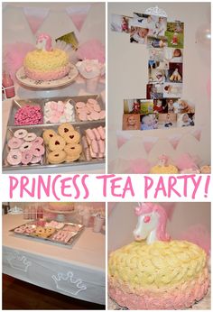 princess tea party with pink and yellow desserts, cupcakes, cake and photo collage