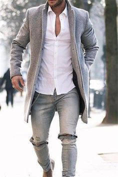 Menstache Fashion Pure Color Long Warm Coat Hunter Davenport, Women Emotions, Smart Clothing, Grey Overcoat, Mens Fashion Denim, White Jeans Men, White Shirt Men, Dad Fashion