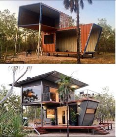 two pictures side by side showing the inside and outside of a house made out of shipping containers