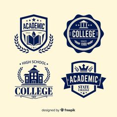 four college badges with different designs