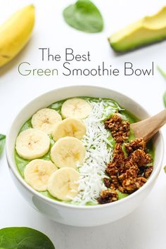 the best green smoothie bowl is topped with sliced bananas and shredded parmesan cheese