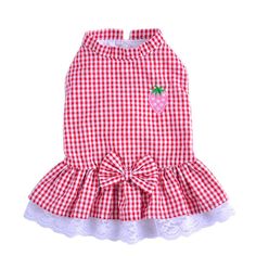 a red and white checkered dog dress with a strawberry patch on the chest,