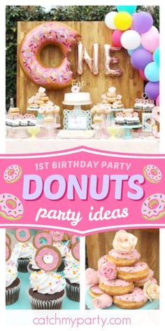 a pink and white birthday party with donuts