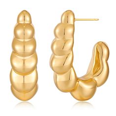 PRICES MAY VARY. These ribbed J-shaped hoop earrings are classic and elegant in style. Adopting the croissant concept, the design is suitable for daily wear and matching earring jewelry. The earrings are made of copper, high-polished 14K gold-plated, comfortable to wear, and more beautiful. Nickel-free, lead-free, and hypoallergenic. Wear these thick gold hoop earrings and go out in style. These earrings are the perfect size, width: 1 inch, height: 1.3 inches, suitable for daily wear, adding a t Thick Gold Hoop Earrings, Thick Gold Hoops, Country Jewelry, Earring Jewelry, Vintage Country, Jewelry Earrings Hoops, Gold Hoop, Gold Hoop Earrings, Croissant