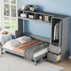 a bedroom with a bed, desk and bookcases on the shelves above it