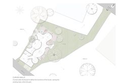 an aerial view of the ground plan for a garden with circular seating and umbrellas