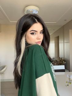 Brown Hair With A Streak Of Color, Black Hair Color Inspiration, Dark Brown And Colorful Hair, How To Look European, Chunk Of Blonde Hair, Black Hair With Underlights, Dark Hair Pop Of Color Ideas, Black Hair With Blonde Pieces Underneath, Black Hair On Fair Skin