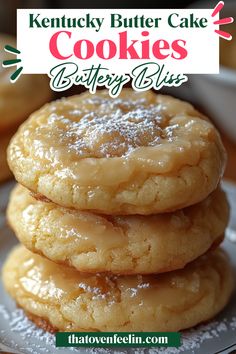 three cookies stacked on top of each other with the words kentucky butter cake cookies below