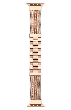 Give your watch a glam update with this bracelet strap featuring beads and studs for a boho look that goes with every wardrobe. Apple Watch not included Compatible with Series 1–7 Apple Watch Fold-over clasp Stainless steel/copper plate/glass/textile Imported Rose Gold Bracelet Strap Apple Watch Band, Rose Gold Watch Bands With Bracelet Strap, Rose Gold Watch Band For Fashion Accessory, Trendy Rose Gold Watch Band With Bracelet Strap, Apple Watch Bracelet, Apple Watch Bracelets, Copper Plate, Watch Bracelet, Boho Look