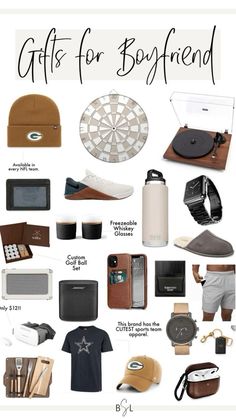 the gift guide for boyfriends is shown in this poster, which includes items from his personal