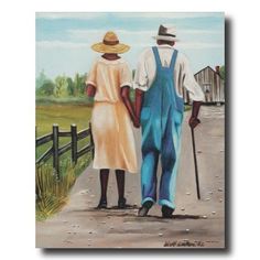 a painting of two people walking down a dirt road with a fence in the background