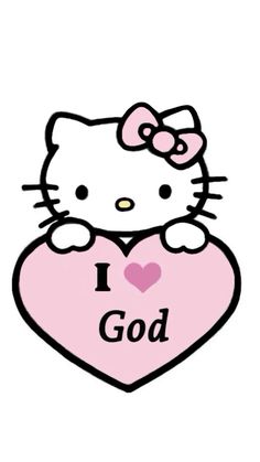 hello kitty holding a heart with the words i love god