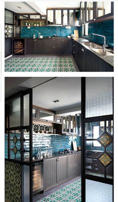 two pictures of a kitchen with blue tiles on the walls