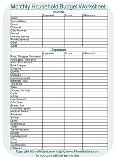 the printable household budget worksheet