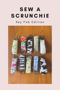 the cover of sew a scrunchie key fob edition, with eight different colors and patterns