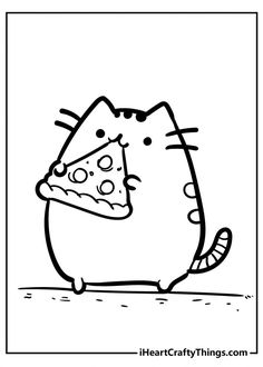 a black and white drawing of a cat eating pizza