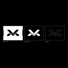 four different logos are shown in black and white on a dark background, each with an x symbol