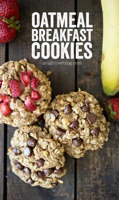 three oatmeal breakfast bites with chocolate chips and strawberries on the side