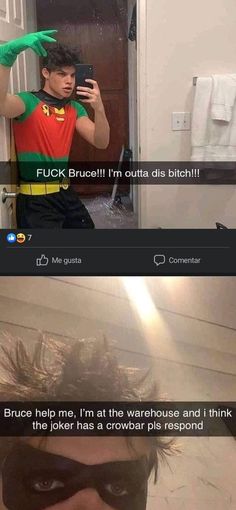 two photos with the same caption in different languages, one is wearing a batman costume and the other has a green mask