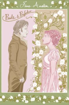 an illustration of two people standing next to each other in front of flowers and vines