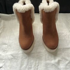 Suede,Looks Brand New, Comfy,,Good For Winter Suede Ankle-high Platform Booties, Winter Brown Coach Boots, Chic Booties With Suede Lining And Round Toe, Chic Round Toe Booties With Suede Lining, Coach Heels With Medium Width And Round Toe, Chic Coach Boots With Round Toe, Boots For Women, Coach Shoes, Suede Boots