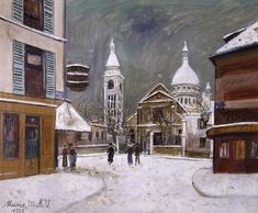 a painting of people walking down a snowy street in front of some buildings and mountains