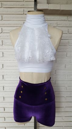 The white high performance spandex top features triple ruffle flounces at the neck from white lace. The high neck is ruched and closes at back with three strong nylon snaps. Double layer front with open back and covered elastic at the arms and under bust. The deep purple stretch velvet high waist shorts have a double layer waistband with 6 gold faux buttons and booty shorts leg line. Perfect for your Prince tribute number! Need a different color or style changes? Just convo me for a custom. This Aerial Costume, Prince Tribute, Corset Costumes, Sequin Halter, Oc Inspo, Spandex Top, Costume Collection, High Waist Shorts, Stretch Velvet