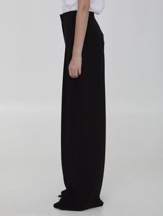 These black Lino trousers are high-waisted, wide-leg, and pleated, made from a blend of triacetate. They have a zip, button, and hook-and-eye closure, as well as two side welt pockets. Regular fit. Size nationality: Italy High waisted Wide-leg Side pockets Product code: 2421136041600004 Composition: 64% triacetate, 36% polyester Chic Full Length Culottes For Formal Occasions, Sleek Wide Leg Pants For Evening, Sleek Wide Leg Evening Pants, Modern Black Wide Leg Pants Full Length, Modern Black Wide Leg Full Length Pants, Modern Black Wide Leg Pants, Sleek Formal Wide Leg Bottoms, Black Wide Leg Dress Pants For Evening, Sleek Tailored Wide Leg Pants For Evening