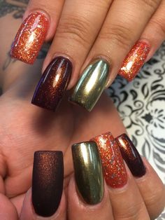 Cats Eye Fall Nails, Fall Nail Designs Glitter Autumn, Glitter Fall Nail Designs, Fall Chrome Nail Colors Ideas, Holiday Nails Thanksgiving Fall, Sparkly Fall Nail Designs, End Of Fall Nails, Orange And Purple Nail Designs, Purple And Orange Fall Nails