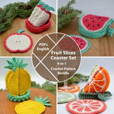 crochet fruit slices coasters set with pineapple, orange and watermelon