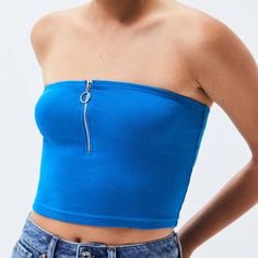 Brand New!! Never Been Worn Me To We Horizon Tube Top Royal Blue Tube Top Zipper Down Center Front Trendy Blue Crop Top For Day Out, Blue Trendy Crop Top For Spring, Trendy Blue Crop Top For Spring, Blue Tube Top, Purple Crewneck, Rave Edm, Yellow Tank Top, Pacsun Tops, Velvet Bodysuit