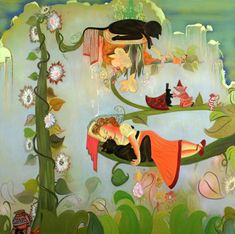 a painting of two people laying on a tree branch with flowers and plants around them