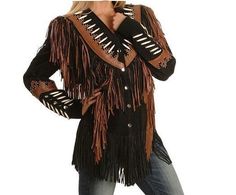 Denim Coat Women, Fringe Leather Jacket, Beaded Jacket, Boho Jacket, Western Women, Western Wear For Women, Fringe Jacket, Black Fringe, Cow Boy