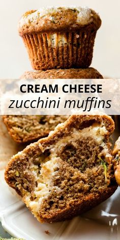 some muffins are stacked on top of each other with the words cream cheese zucchini muffins above them