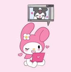 a pink bunny holding a laptop computer in front of a tv with a cartoon character on it