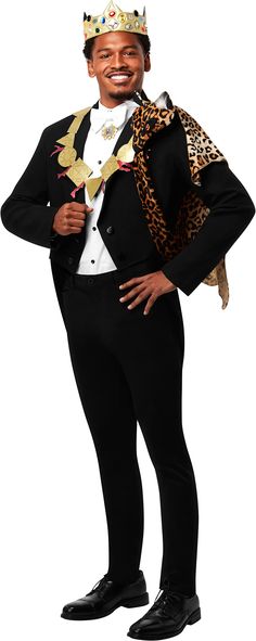 a man in a tuxedo with a crown on his head and leopard print scarf around his neck