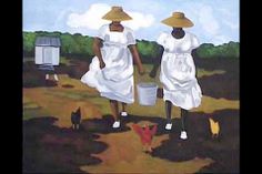 two women in white dresses and straw hats walking down a dirt road with chickens on the ground