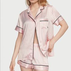 Pink Striped Vs Large Satin Short Sleeve & Shorts Pajama Set Get A Full Eight Hours (Or More) Of Beauty Sleep In Our Glossy Set Featuring A Short Sleeve Button-Up And Matching Shorts. Easy Fit Short-Sleeve, Button-Front Top Hits At Hips Chest Pocket With Embroidered “V�” Short With Drawstring Tie Waist 3" Inseam Machine Wash Size: Large Color: Pink Striped Brand New Never Worn Or Tried On Tags Attached And In Original Packaging Check Out My Other Brand New Victoria’s Secret And Pink Listings. Add Vs Pajamas, Flannel Shorts, Silky Pajamas, Thermal Pajamas, Lingerie Catalog, Plaid Pajama Pants, Victoria Secret Pajamas, Flannel Pajama Sets, Flannel Pants