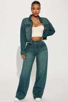 We can't gatekeep our new loose straight leg jean designed in an authentic, 100% cotton, non-stretch denim with a medium indigo wash finished with a green tint. Fit with ease, this 32.5" length features a wide leg opening and a fray hem. Available In Medium Wash. Pair With Gatekeeper Tinted Denim Jacket Straight Leg Jean 5 Pocket Tinted Fray Hem 11" High Rise 32.5" Inseam Non Stretch Disclaimer: Due To The Specialized Wash & Distressing Process, Each Garment Is Unique 100% Cotton Imported | Gate Baggy Jeans Outfit Women, Jeans On Jeans Outfit, Modeling Clothes, Baggy Outfits, Yodit Yemane, Baddie Style, Fashion Nova Outfits, Original Vampire, Denim Trucker Jacket