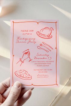 A Thanksgiving dinner invitation being held, showcasing elegant hand-drawn designs of holiday-themed elements like a turkey and table settings. Thanksgiving Gathering, Friendsgiving Invite, Thanksgiving Dinner Party, Hand Drawn Elements, Thanksgiving Invitation, Dinner Invitation, Font Pairing, Holiday Party Invitations, Dinner Invitations