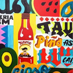 an art work with different colors and designs on it, including the words taco