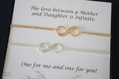 "Mother and Daughter Bracelet Gift Set, Friendship Bracelet, Infinity Jewelry, Best friend Gift, Thank you Card, White Pearl, Silver Bracelet, Gold Bracelet Mothers and Daughters, Besties, Sisters, Mother and Grandma will love this bracelet and the meaning behind it. This bracelet represents mother/daughter infinite love, infinite friendship, friends for eternity, and sisterhood. Available in Gold Filled and/or Sterling Silver, you can have one of each or 2 of the same. Handmade with Sterling Si Friendship Infinity Bracelets For Mother's Day, Mother's Day Infinity Bracelet Gift, Bracelet Bff, Fashion Trend Inspiration, Mens Sterling Silver Necklace, Geode Jewelry, Infinity Charm, Infinity Jewelry, Wedding Store