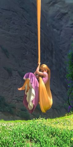 a cartoon girl swinging on a rope in the air with her hair pulled back and eyes closed