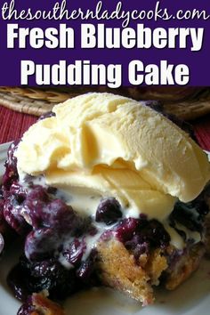 fresh blueberry pudding cake with ice cream on top