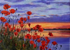 an oil painting of red poppies in front of a sunset over the water with clouds