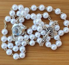 Pearl White Rosary With 8mm Beads As Gift, White Pearl Rosary As A Gift, White Pearl Rosary As Gift, Personalized Silver Rosary For Confirmation, Silver Pearl Rosary For First Communion, White Crucifix Rosary With Miraculous Medal, Personalized White Rosary For Confirmation, Our Lady Of Medjugorje, Communion Wedding