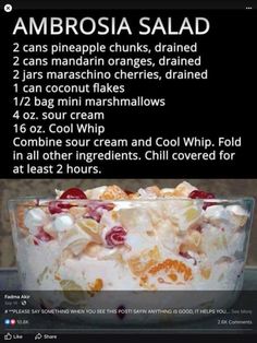 the recipe for ambrosia salad is shown in an advertise with information about it