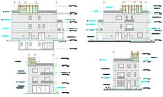 four different views of a house with windows and balconies on the roof, from top to bottom