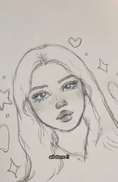 a drawing of a woman's face with hearts and stars around her